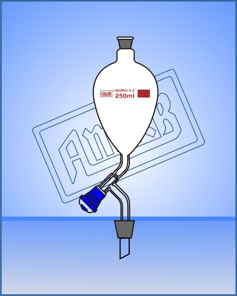 Separating Funnel, Pear Shape with Rota Flow Stopcock & Stopper, Stem with cone
