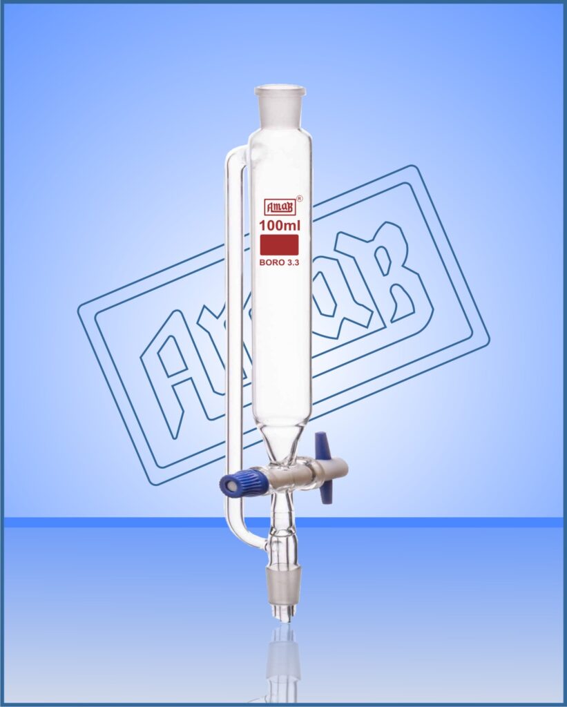 Pressure Equalizing Funnel, Cylindrical with PTFE Stopcock & Stopper, Stem with cone