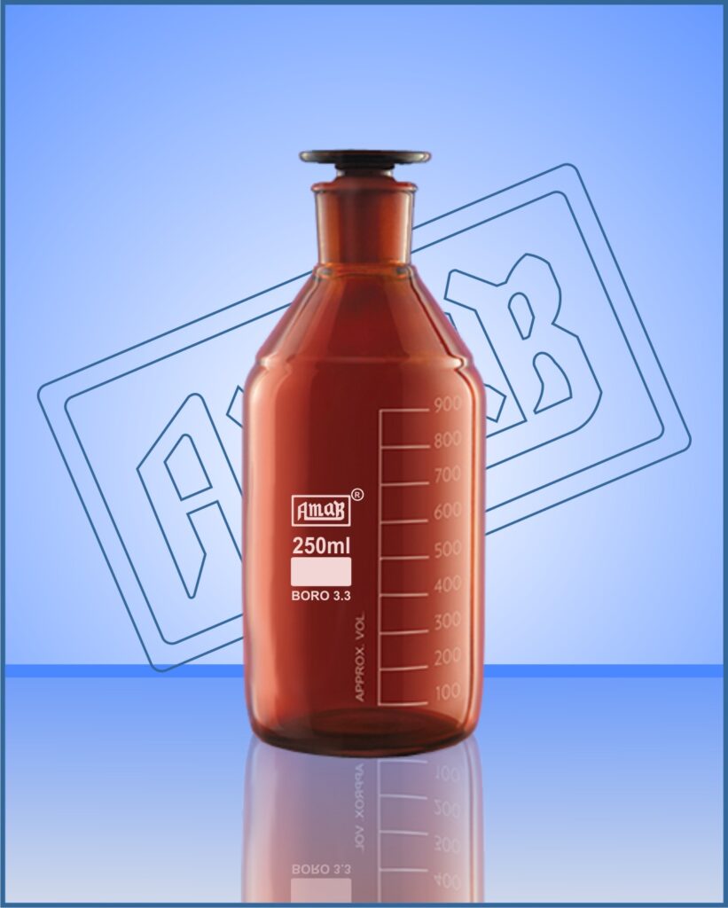 Reagent Bottle, Interchangeable Glass Stopper, Narrow Mouth, Amber