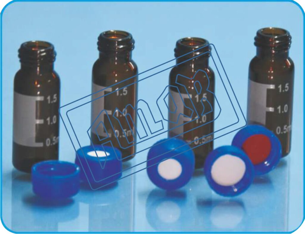 Amber Glass Screw Vials 9mm with Screw Blue Cap & PTFE – Silicon Septa