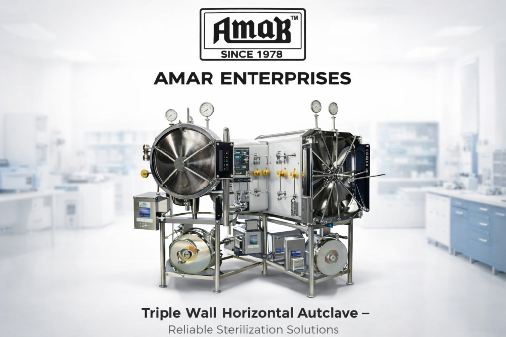 Triple wall horizontal autoclave manufactured by Amar Enterprises for laboratory and pharmaceutical sterilization.