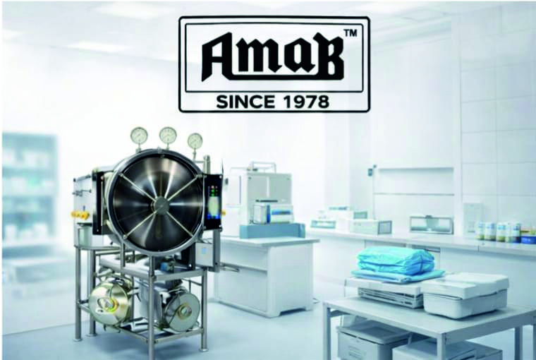 Triple wall horizontal autoclave installed in pharmaceutical and hospital laboratory for sterilization.